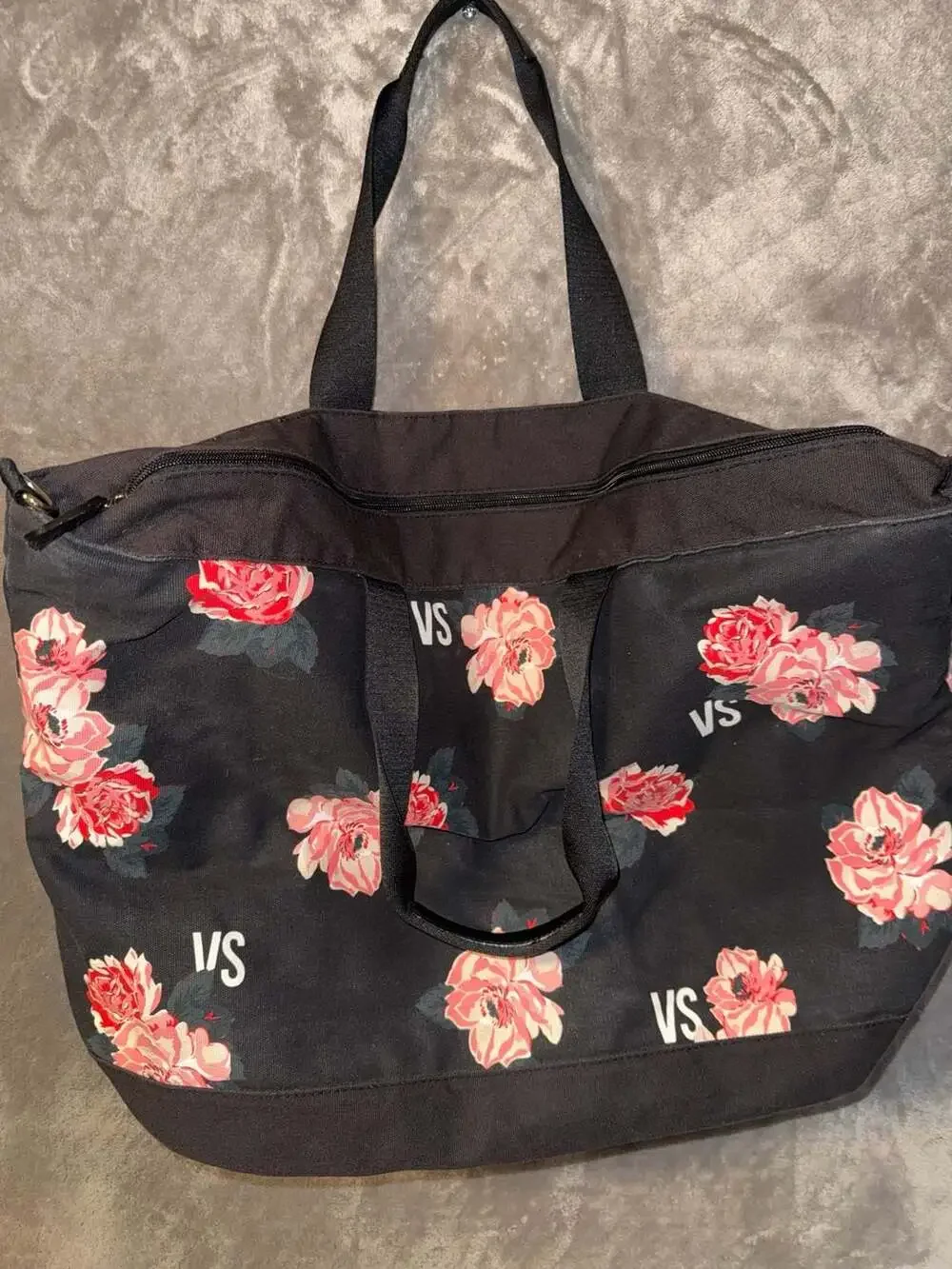 Victoria's Secret Black Floral Canvas Tote Bag with VS Logo